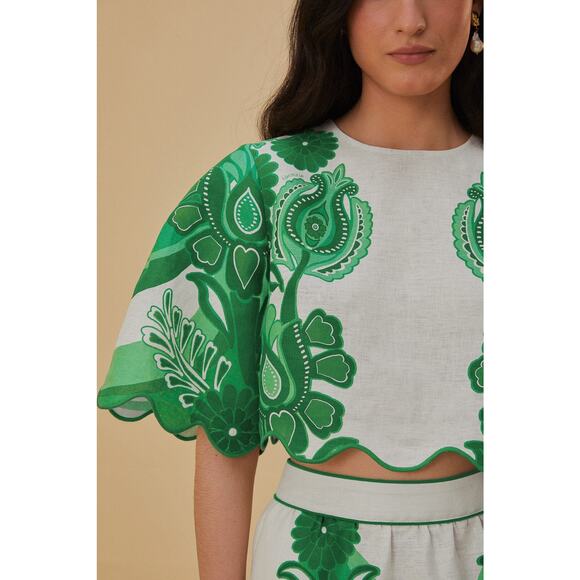 Farm Rio Green Color Festival Euroflax Linen Blouse Crop Top Size S - Picture 3 of 13